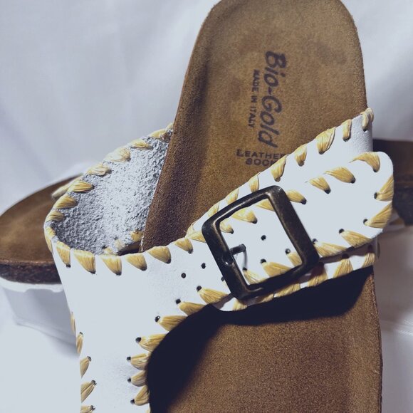 Bio Gold Made in Italy-Women's Leather Sock Slip on Toe Sandals-Cork Sole-Size 9 - Picture 3 of 15